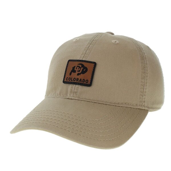 A gold hat with a brown faux leather patch. The patch has a black CU Buffalo logo with "Colorado" written in black block letters below.
