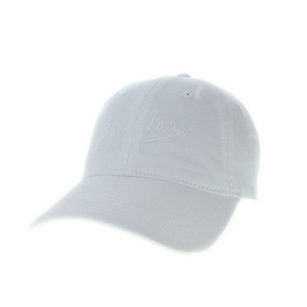 A white hat with "Boulder" in white script embroidered on the front.