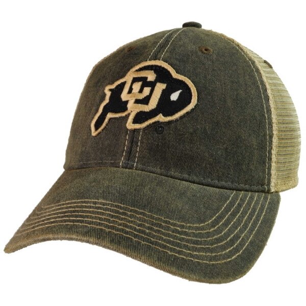 Hat with mesh backing with distressed look with CU Buffalo logo embroidered on front.