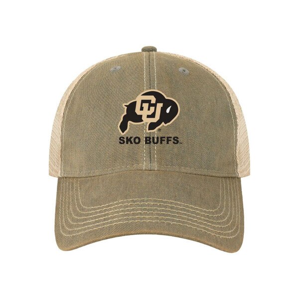 A vintage, distressed grey hat with a black and gold c-u buffalo logo under "Sko Buffs" with a gold mesh adjustable backing.