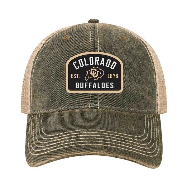 An army green hat with tan mesh & a black patch that says "Colorado Buffaloes" in white writing. Between the words there is a CU Buffalo logo, and on either side of it "EST. 1876" is written in gold.