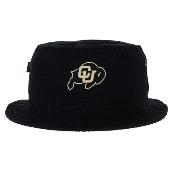 A black cotton twill bucket hat with a c-u buffalo logo embroidered on the front.