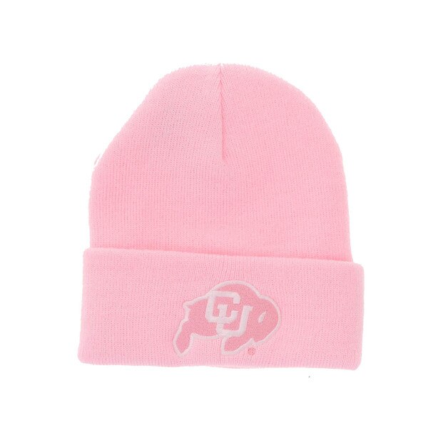 A pink beanie with a c-u buffalo patch on the front cuff.