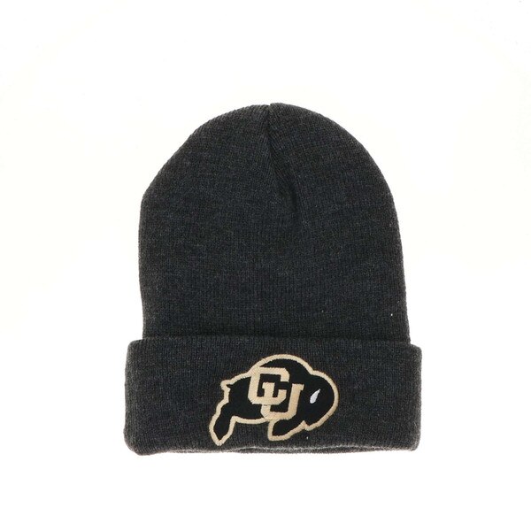 A charcoal beanie with a c-u buffalo patch on the cuff.