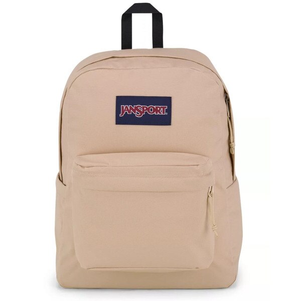 A beige Jansport backpack with one large zipper pocket at top, and one smaller zipper pocket at front of backpack. A rectangle is sewed in the middle of backpack with the Jansport logo.