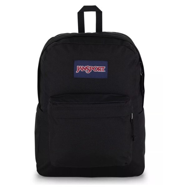 A black Jansport backpack with one large zipper pocket at top, and one smaller zipper pocket at front of backpack. A rectangle is sewed in the middle of backpack with the Jansport logo.