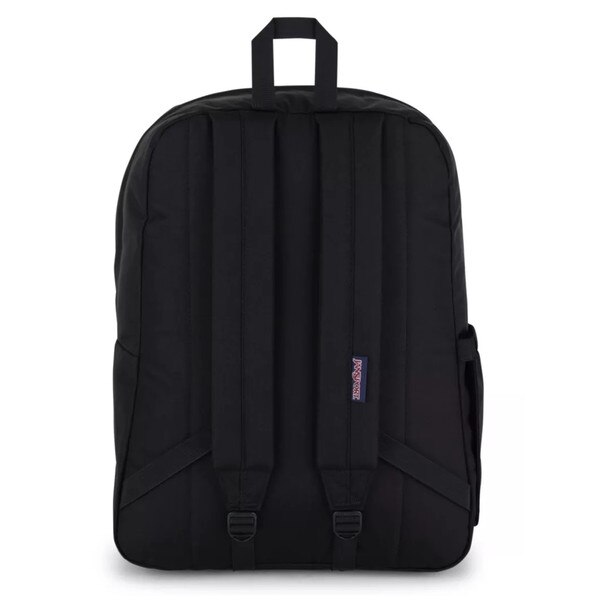Back of black Jansport backpack with loop on top and shoulder straps with small Jansport logo sewed into one strap.
