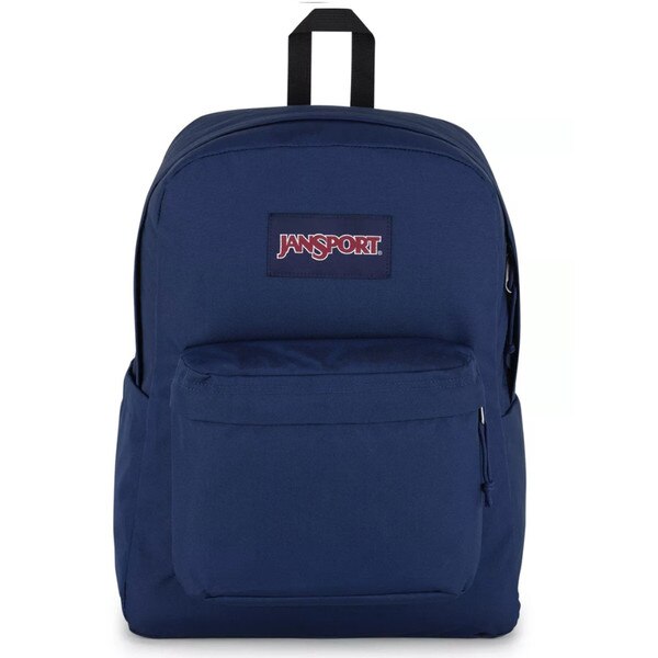 A navy Jansport backpack with one large zipper pocket at top, and one smaller zipper pocket at front of backpack. A rectangle is sewed in the middle of backpack with the Jansport logo.