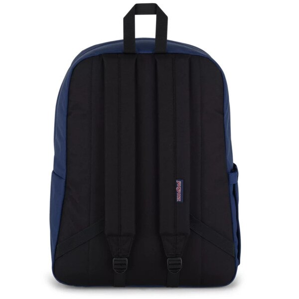 Back of navy blue Jansport backpack with loop on top and shoulder straps with small Jansport logo sewed into one strap all in solid black.