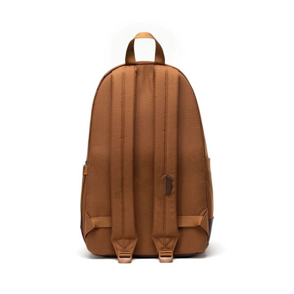 Back of brown backpack with 2 adjustable padded shoulder straps, with loop on top.