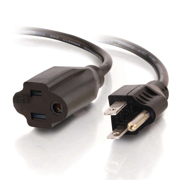 A black extension cord with a three pin plug-in and port.