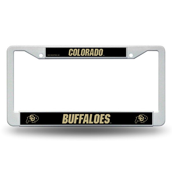 A silver license plate with Colorado on the top half and Buffaloes printed on the bottom in gold lettering with a black background. The Ralphie logo is on either side of "Buffaloes."