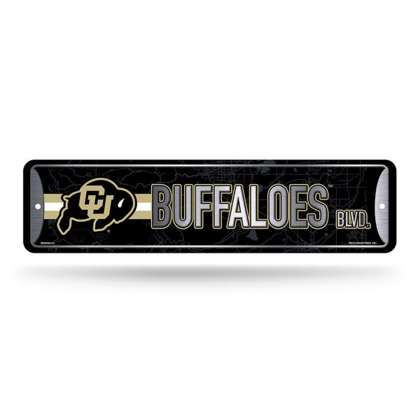 Black street sign that reads "Buffaloes BLVD." in silver. The left side of the sign has a CU Buffalo logo with a gold and white stripe behind. The sign's background has detailing of the city map.
