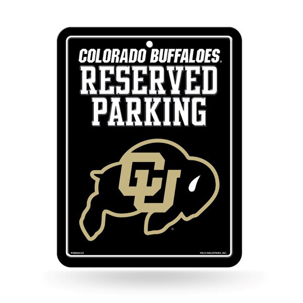 A black rectangular Rico Industries metal sign with "Colorado Buffaloes'" and "Reserved Parking."