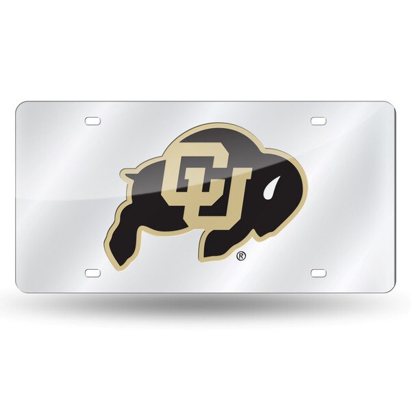 This is a mirrored license plate tag with a CU Buffalo logo on the front. The CU Buffalo logo is black and gold mirror.