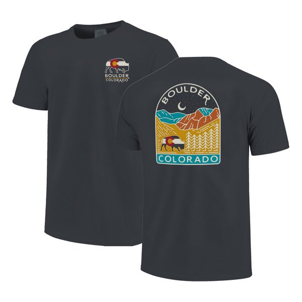 Boulder Colorado T-shirt featuring a small buffalo graphic with the Colorado state flag on the front and a large outdoor-inspired mountain and night sky design on the back.