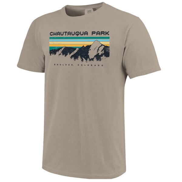 The front. Chautauqua Park is printed in black, ad well as the Boulder Colorado on the bottom. The lines on the shirt are teal, light blue, pale yellow, and orange. The mountains are lined black.
