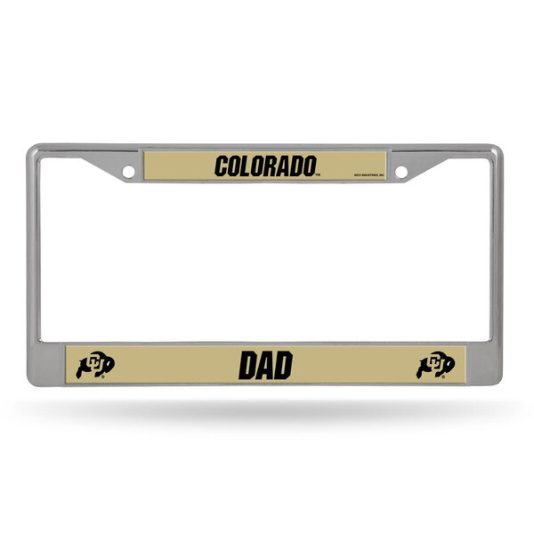 A silver license plate frame that reads "Colorado Dad" in black lettering along a gold background. There are two mini buffalo logos on the bottom corners as well.