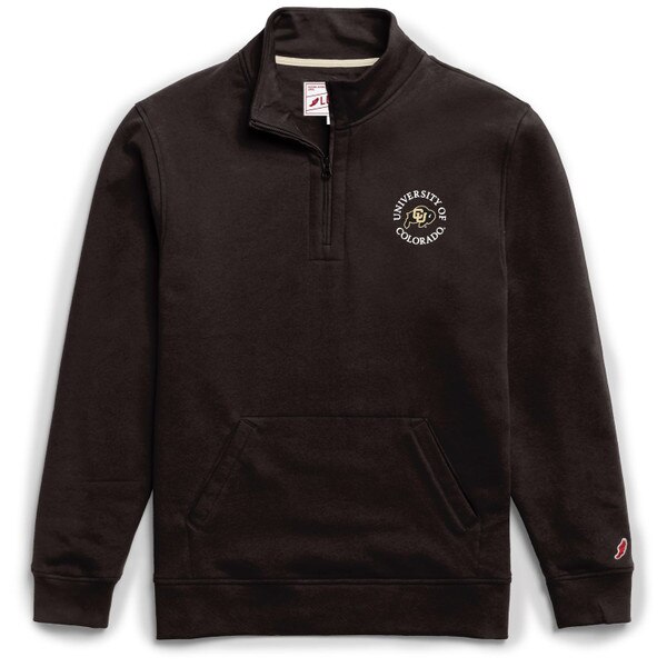This is a black quarter zip sweatshirt. The text around the C.U. Buffalo logo is bold and white. The logo itself is black and gold. The zipper is tarnished gold in color.