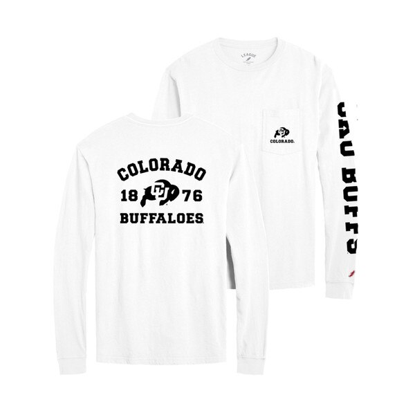This is a white shirt with a left chest pocket. The pocket has a small black C.U. buffalo logo with Colorado Underneath. Colorado Buffaloes is written both on top and bottom of the CU buffalo logo.