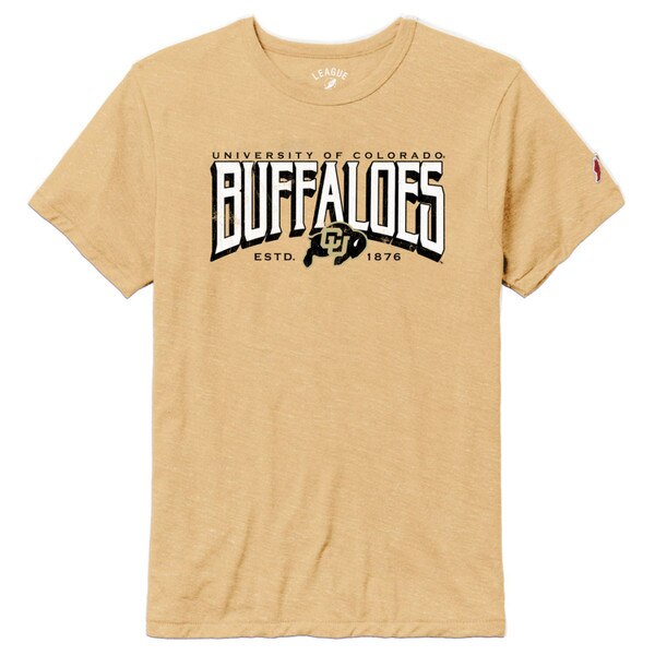 Front of vegas gold t-shirt with "Buffaloes" written in large white block letters above the C-U Buffalo logo with "ESTD. 1876" and " University of Colorado" written in smaller black thin font.