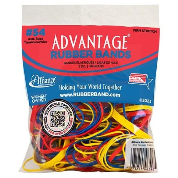 Package of Advantage Rubber Bands by Alliance Rubber Company, assorted sizes and colors, 2 oz bag with firm stretch