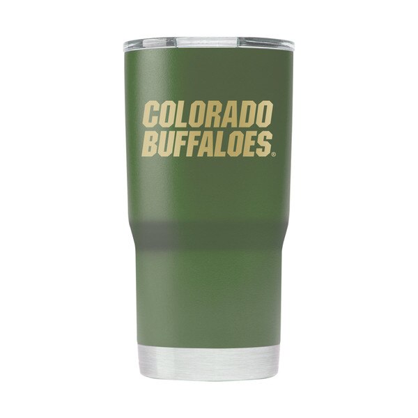 A military green tumbler with "Colorado Buffaloes" printed on it in pale yellow block letters.