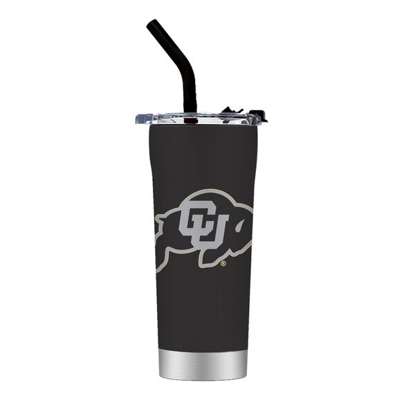 A black travel straw tumbler with the CU Buffalo logo engraved in silver on the center front.