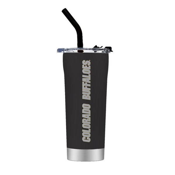The back of a black travel straw tumbler that shows "Colorado Buffaloes" engraved in silver vertically.
