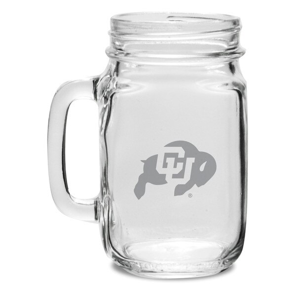 A clear mason jar style cup with a grey ralphie logo on the center of the cup.