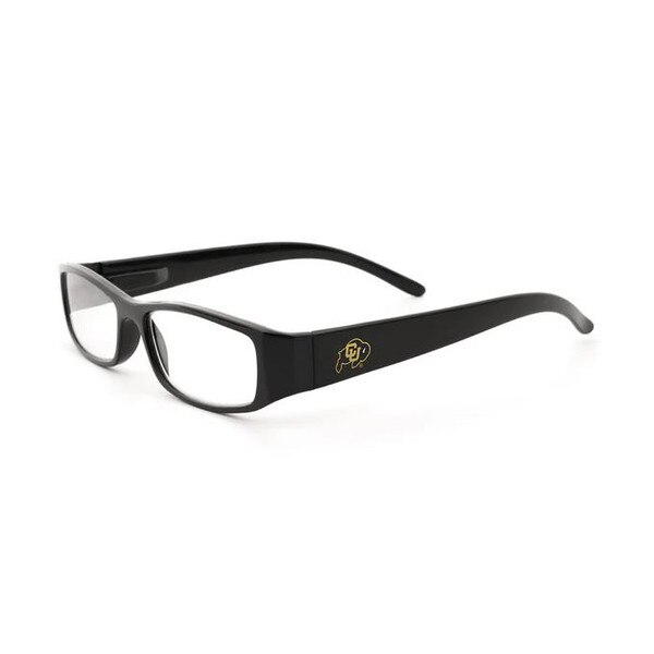 This is a pair of slim frame, black, plastic reading glasses. There are identical CU Buffalo logos adorning each arm.
