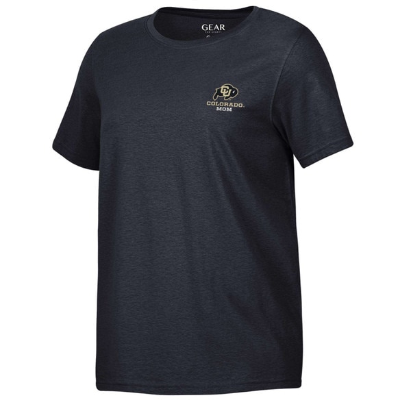 Black t-shirt with "colorado mom" written in yellow and white. The iconic cu buffaloes logo sits on top of the writing on the right chest.