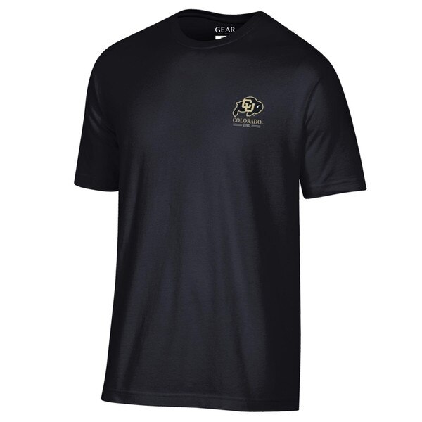 A black t-shirt with the cu buffalo logo on the right chest and "colorado dad" written underneath in yellow and white font.