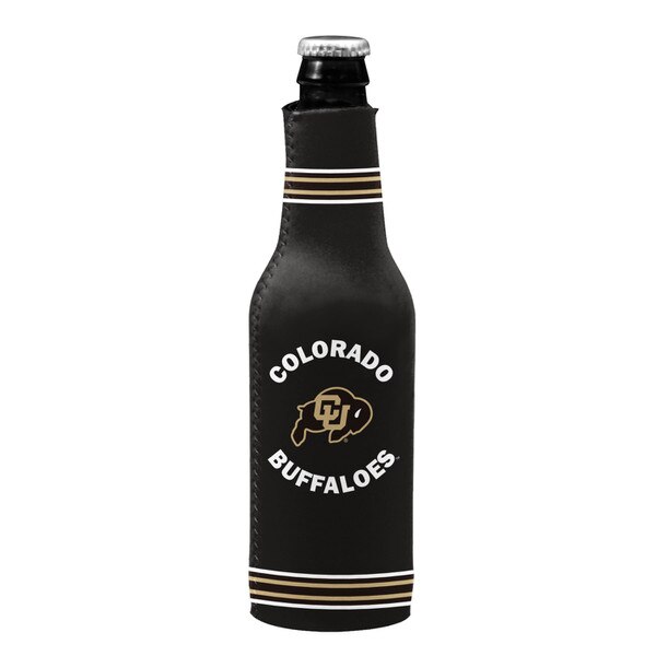 A black bottle sleeve with white and gold stripe accents and a cu buffalo logo in between arched colorado buffaloes writing.