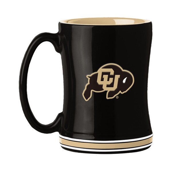 A black glossy mug with a gold interior and gold and white stripes on the very bottom, with a c-u buffalo logo in the center in gold.
