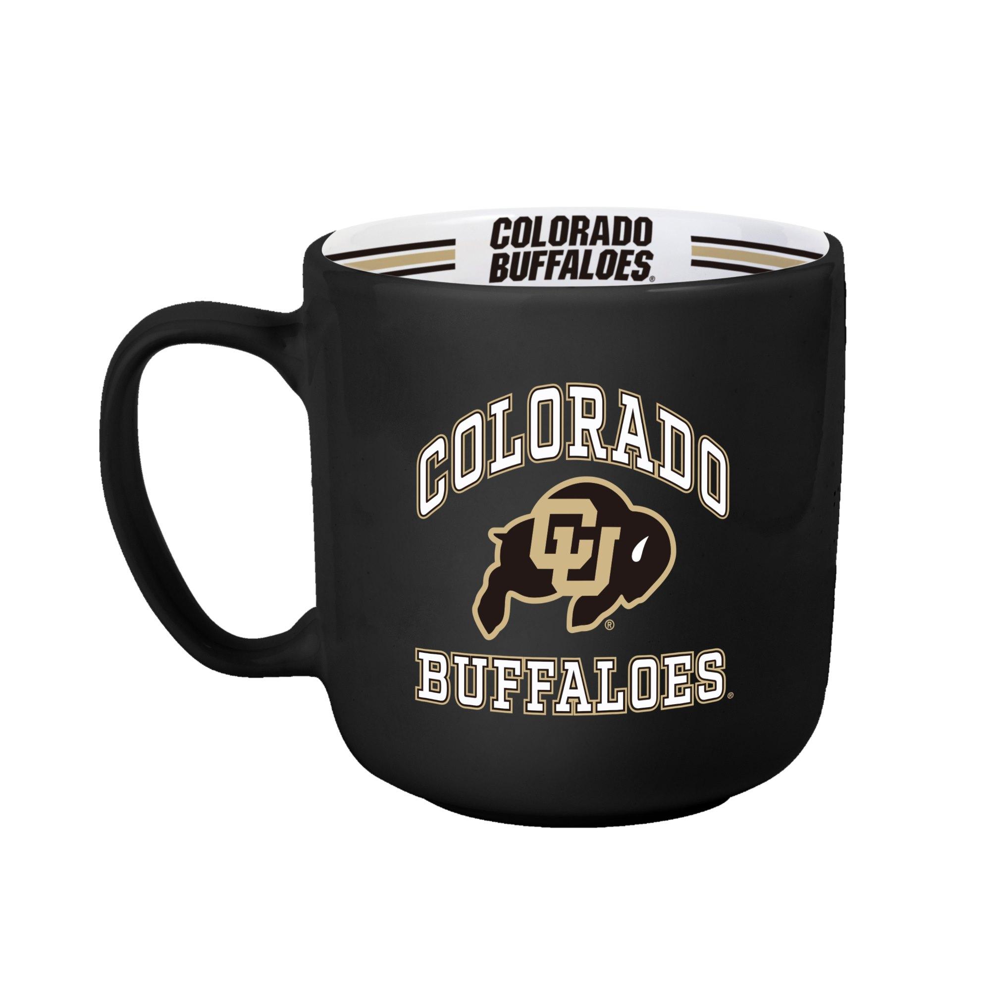 A black mug with "Colorado Buffaloes" surrounding a CU Buffalo logo, with a white interior featuring stripes on the inside and vegas gold and white accents.