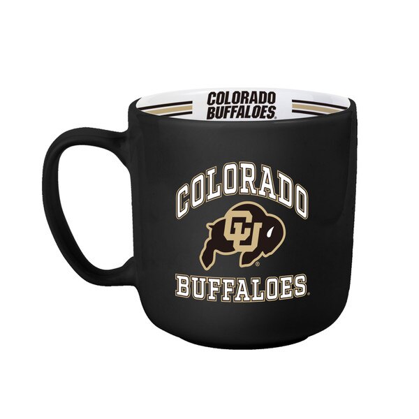A black mug with "Colorado Buffaloes" surrounding a CU Buffalo logo, with a white interior featuring stripes on the inside and vegas gold and white accents.