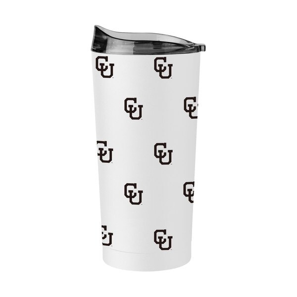 A white twenty ounce tumbler with mini black interlocking C-U logos all around the cup. The lid is clear.