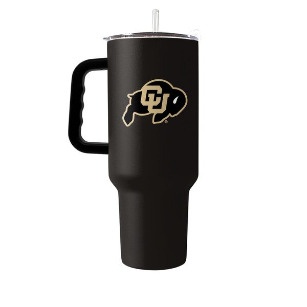 A black forty ounce tumbler with the iconic ralphie logo in the center of the cup. The lid and straw are clear.
