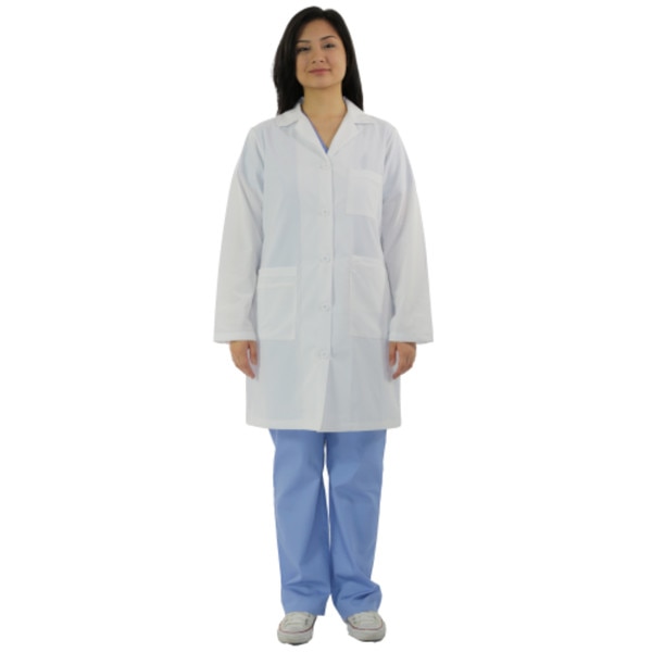 This is a white lab coat. The buttons are of larger size and white. There is a pocket on the left chest as well.