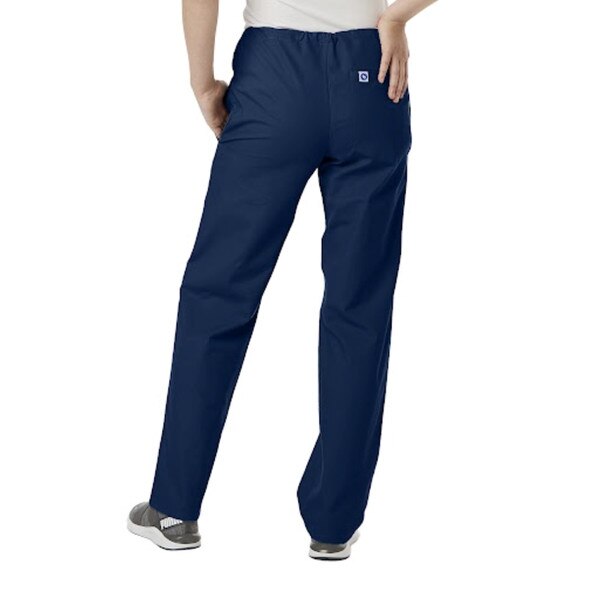 Person wearing navy blue scrub pants viewed from the back with a single rear pocket and elastic waistband.