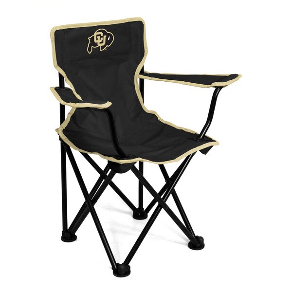A black foldable toddler sized tailgate chair with gold edges and a C-U Buffalo logo in the center of the chair.
