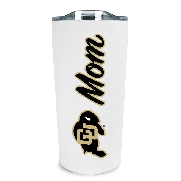 White Colorado Buffaloes tumbler with "Mom" printed in black and gold script, featuring the CU Buffaloes logo below, and a clear lid on top.