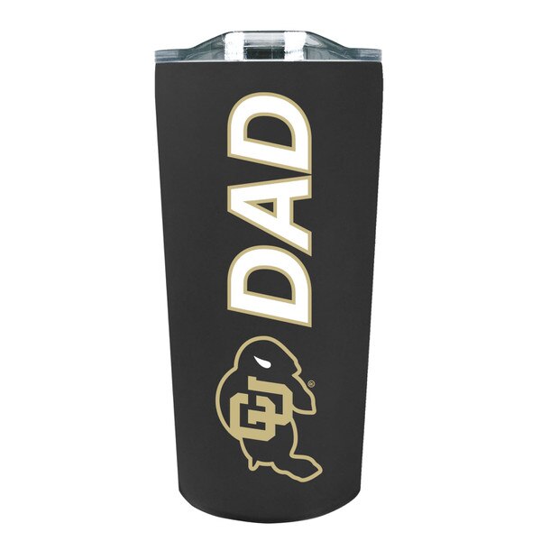 Black Colorado Buffaloes tumbler with "DAD" printed in bold white and gold letters, featuring the CU Buffaloes logo below, and a clear lid on top.
