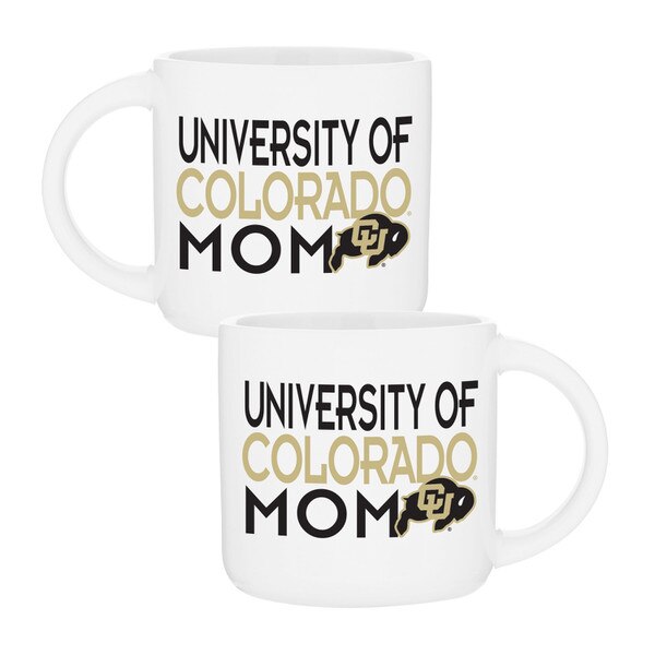 White ceramic mug with University of Colorado Mom text and CU Buffs logo on both sides