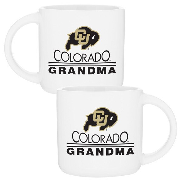 This is a white mug. All text on the mug is black. The decoration is on the front and back of the mug. The C.U. buffalo logo is black and gold standard.