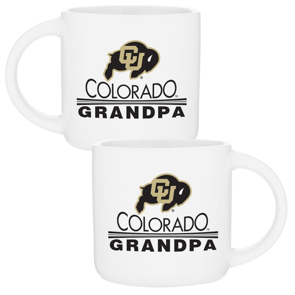 White mug with C-U Buffalo logo printed above "Colorado Grandpa" with accent lines between the words.