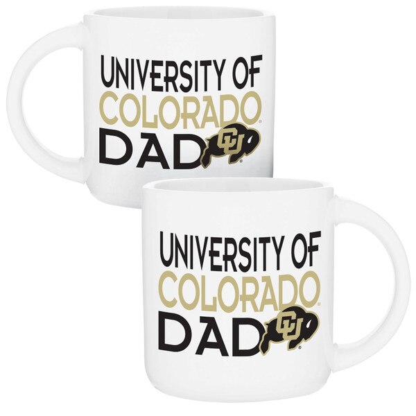 A white mug with "University of" written in black and "Colorado" written in Gold. "Dad" is written in black underneath. To the right is the CU Buffalo logo.