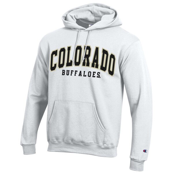 A white hoodie. Colorado is in black with a white border. Buffaloes is in black font. There's a large kanga pocket on the front.