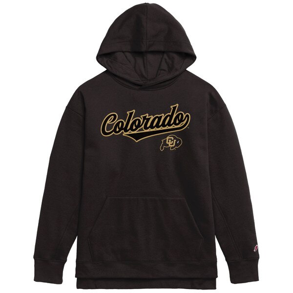 A black hoodie with "Colorado" embroidered in black cursive with gold outlining. A small CU Buffalo is under the "o" at the end of Colorado.